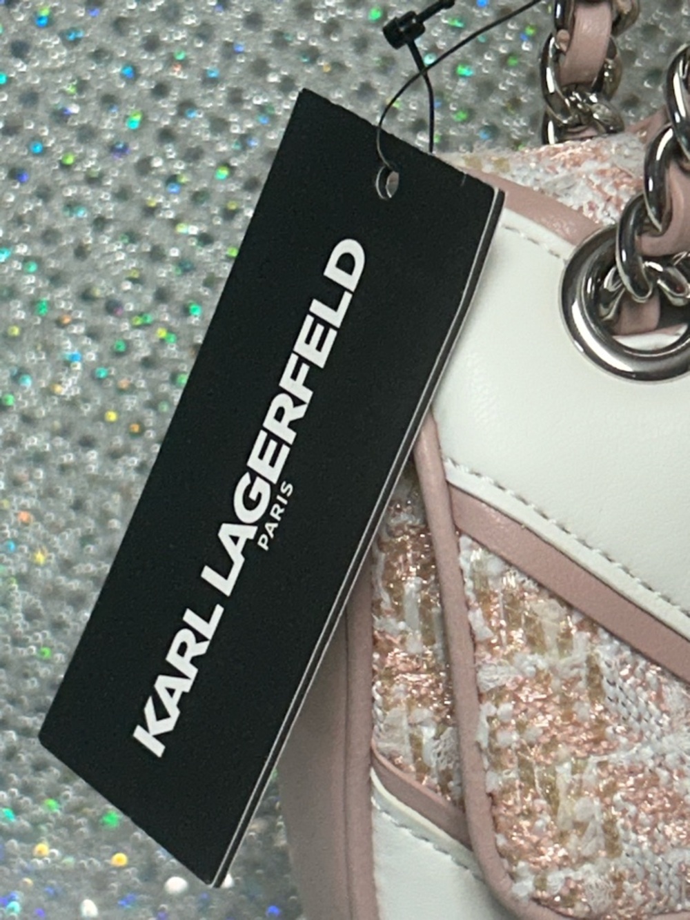 Karl Lagerfeld Blush Pink and White Tweed Chain Shoulder Bag - Picture 16 of 16